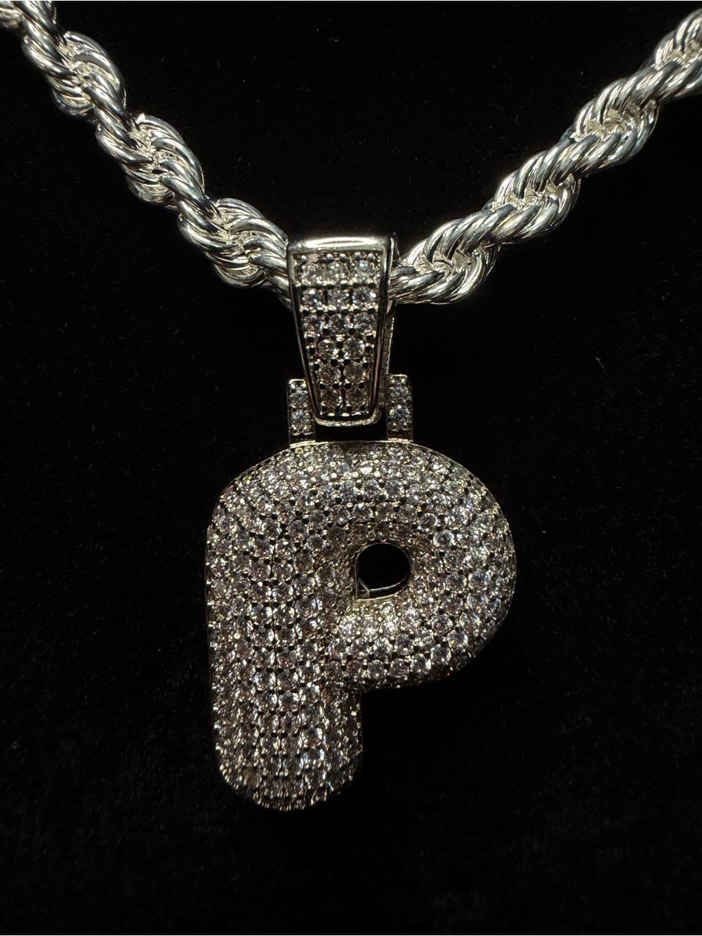 Iced Out “P” AAA CZ Pendant W/ 20in 5mm Rope 925 Stamped Necklace Brand New